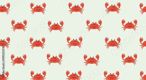 Simple and cute seamless pattern of red cartoon crabs on a light greyish background for kids nursery themes.