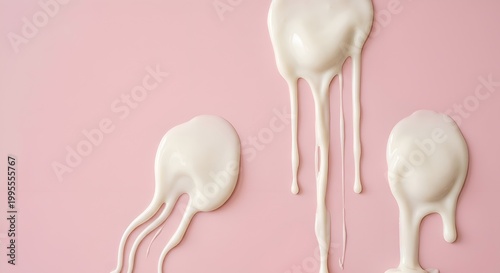White Creamy Liquid Dripping and Spreading on Soft Pink Background - Skincare, Beauty, and Cosmetic Product Texture