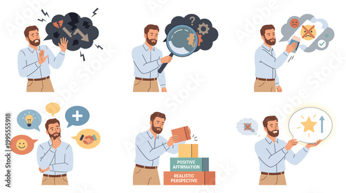 Mental health illustrations show man coping with anxiety and stress