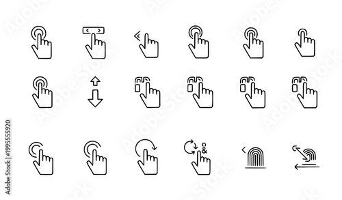 Mobile gesture icons editable stroke line style tap swipe zoom vector illustration isolated