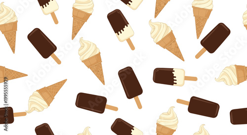 Seamless pattern featuring a delicious variety of vanilla soft serve ice cream cones and chocolate-covered popsicles on sticks.