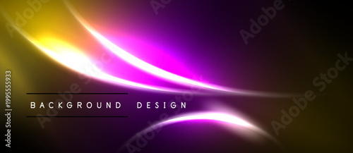 Abstract design features vibrant yellow, purple light streaks. Dark background emphasizes glowing curves, modern aesthetic.
