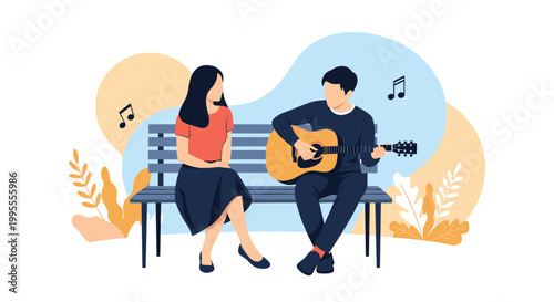 Man playing acoustic guitar for a woman while sitting on a park bench during a romantic date outdoors with musical notes.