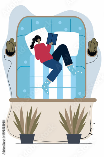 People sitting at home vector illustration,  woman lying on the bed while playing on laptop and cell phone