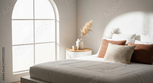 Serene Minimalist Bedroom Corner with Arched Window, Neutral Bedding, and Soft Natural Light – Cozy Contemporary Home Interior room, bed, hotel, interior, apartment, architecture, bedroom