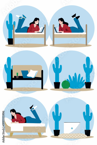 People sitting at home vector illustration,  woman lying on the bed while playing on laptop and cell phone