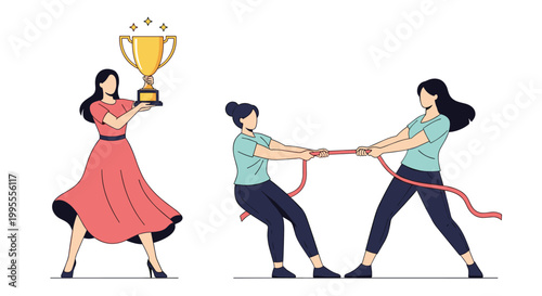 Business competition concept showing a successful woman holding a gold trophy while others engage in a tug of war match.