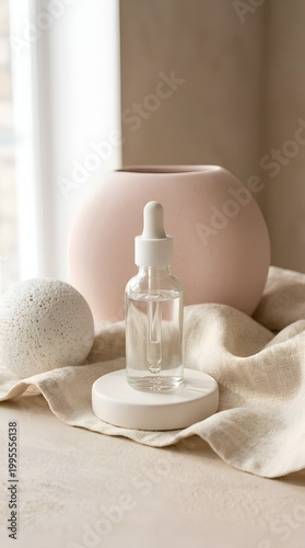 Clear dropper bottle with serum on white stand, surrounded by natural textures and a pink vase, minimalist skincare product photography