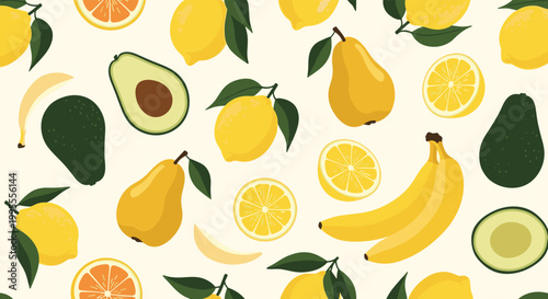 Vibrant seamless pattern featuring a healthy assortment of tropical fruits including avocados, lemons, pears, and bananas.