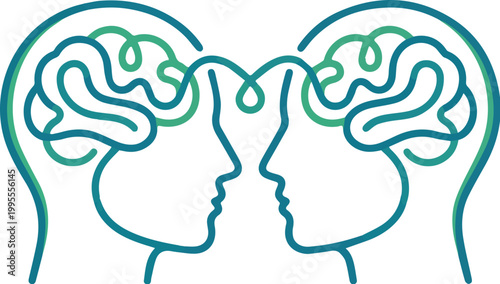 Two human heads profiles with connected brains line art illustration for empathy, communication, and mental health concept