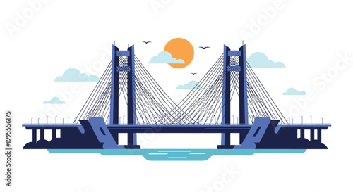 Modern architectural illustration of a cable-stayed bridge spanning over calm water under a sunset sky with clouds.