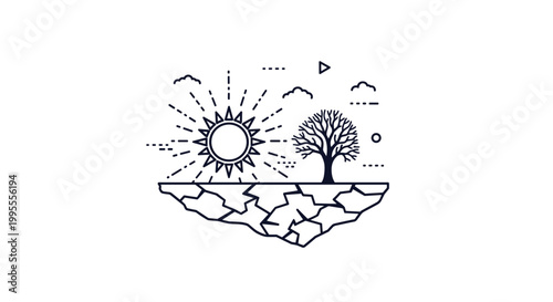 Conceptual line art illustration representing drought and climate change with a blazing sun, cracked earth, and a dead tree.