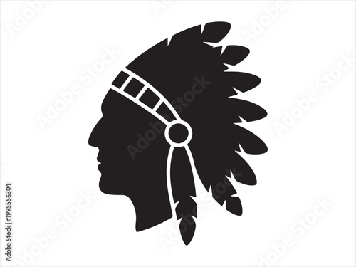Native american chief head silhouette with feathered headdress black white vector illustration, tribal headdress profile design