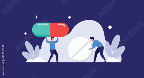 Small male characters working together to move a giant medical capsule and a round white pill on dark blue background.