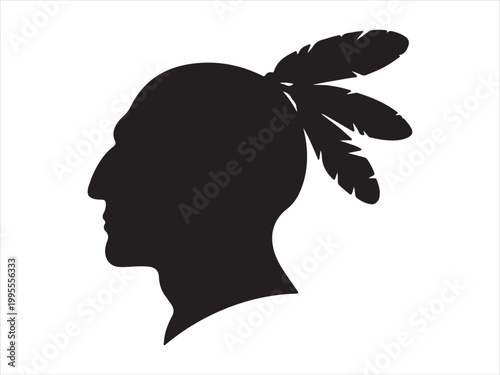 Native american chief head silhouette with feathered headdress black white vector illustration, tribal headdress profile design