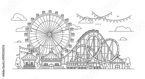 Detailed line art illustration of an amusement park featuring a large ferris wheel roller coaster and various festival stalls.