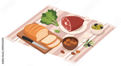 Picnic blanket spread with a variety of delicious food items including sliced bread ham olives nuts and fresh leafy greens.