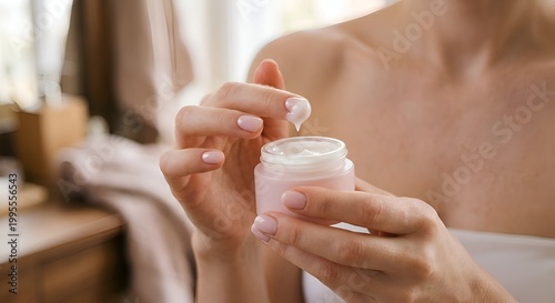 Woman applying luxurious skincare cream from a pink jar, emphasizing daily beauty routine and hydration for healthy, glowing skin