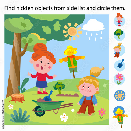 Find hidden objects from side list and circle them garden game. Two girls and scarecrow are in sunny garden with wheelbarrow near tree and field. Educational vector puzzle helps children develop