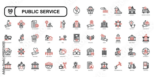 Public Service Technology Icon Set – Government, Infrastructure, and Community System Line Icons