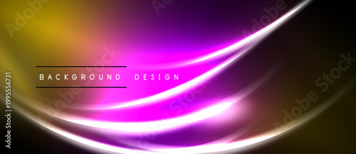 Vibrant abstract waves, yellow to purple gradient. Smooth lines create dynamic visual effect. Dark background emphasizes bright colors.