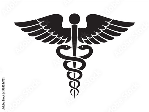 Black silhouette of a Caduceus medical icon symbol with wings healthcare minimal vector illustration