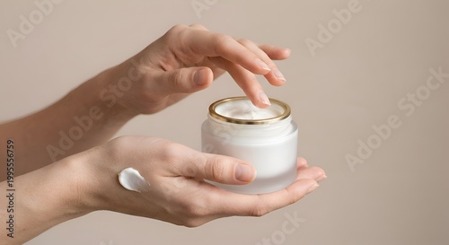 Hands applying luxurious white moisturizing cream from an elegant frosted glass jar with a gold rim, showcasing a clean skincare routine