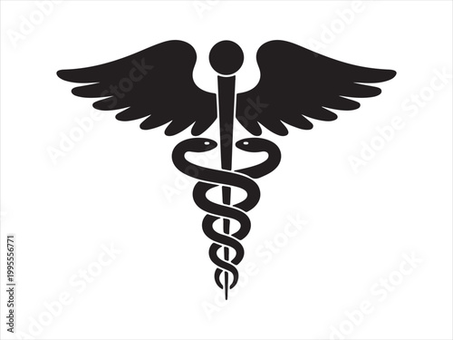 Black silhouette of a Caduceus medical icon symbol with wings healthcare minimal vector illustration