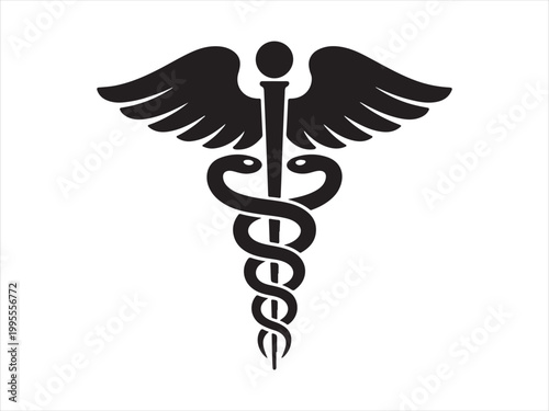 Black silhouette of a Caduceus medical icon symbol with wings healthcare minimal vector illustration