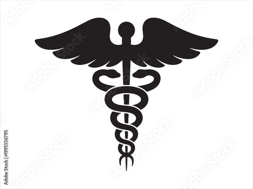 Black silhouette of a Caduceus medical icon symbol with wings healthcare minimal vector illustration