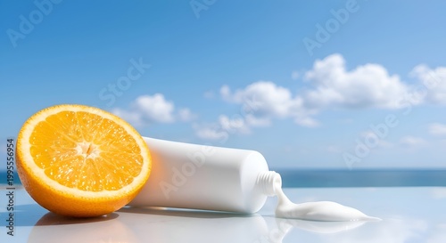 Vitamin C skincare cosmetic mockup: Blank white lotion tube and squeezed cream with fresh orange half under a bright blue summer sky