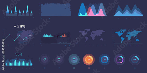 Abstract data visualization dashboard with charts graphs and world maps