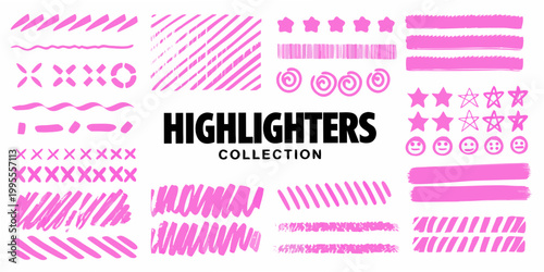 A collection of pink highlighter strokes shapes and the word highlighters