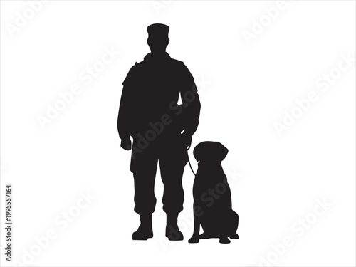 Black Silhouette of Military Soldier and Service Dog,  Security Service Vector Illustration