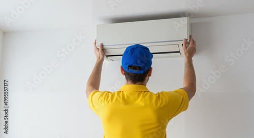 Technician installing air conditioner on the wall indoors  