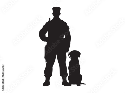 Black Silhouette of Military Soldier and Service Dog  Security Service Vector Illustration