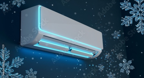 Modern air conditioner with blue light on winter wall with snowflakes  