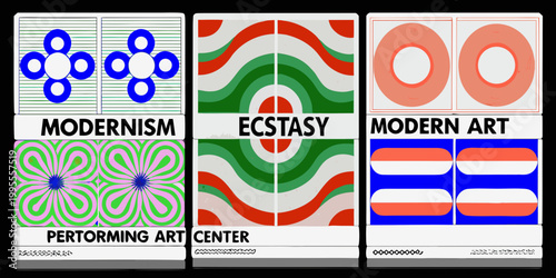 A collage of colorful abstract geometric designs with text overlays