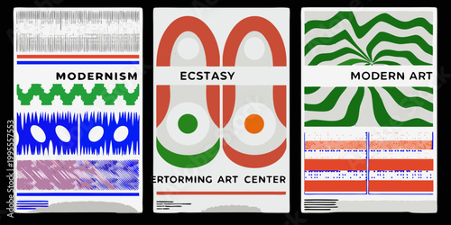 Three panels displaying abstract patterns and text related to modern art