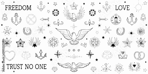 Collection of black and white tattoo style illustrations with inspirational words