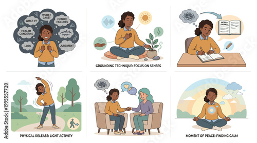 Woman practices coping techniques for stress and anxiety through therapy and wellness activities