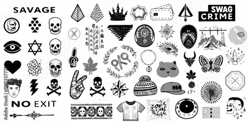 Collection of black and white tattoo flash designs and graphic elements