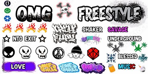 A vibrant collection of graffiti style stickers and text elements