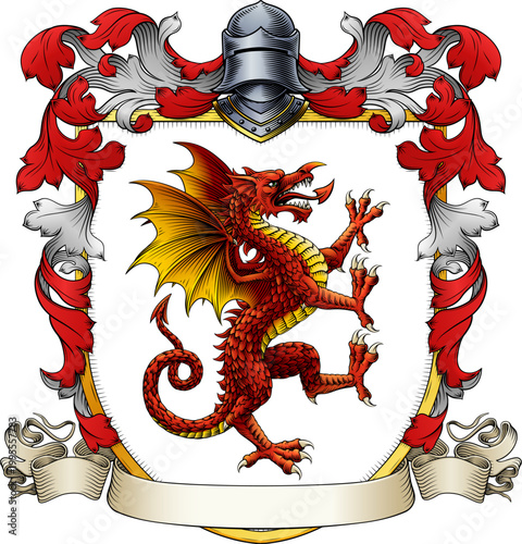 A Welsh dragon, symbol of Wales, coat of arms or crest family heraldry medieval heraldic animal knight shield with helmet and acanthus filigree scroll ornament in a vintage woodcut style.
