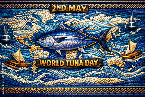 A vibrant mosaic artwork celebrating World Tuna Day on May 2nd