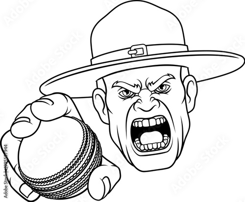 An angry drill instructor or sergeant bootcamp army soldier cartoon character holding cricket ball sports team mascot illustration.