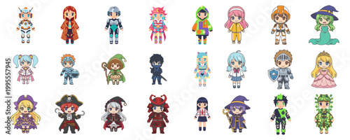 Set of 24 Pixel Art Chibi Characters in Various Costumes