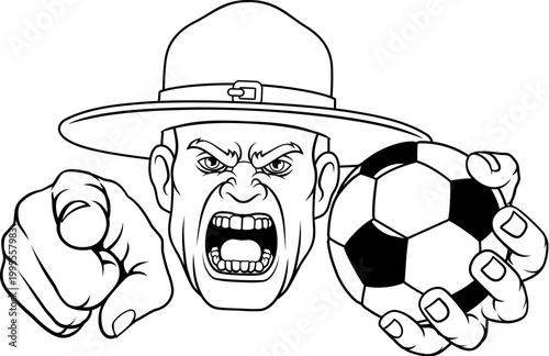An angry drill instructor or sergeant bootcamp army soldier cartoon character holding soccer football ball and pointing sports team mascot illustration.