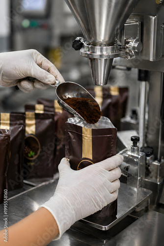  Close-Up Hands Filling Coffee Powder into Packaging Bags in Factory Line