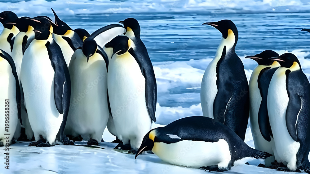 Fototapeta premium A realistic cinematic shot of a colony of Emperor penguins standing on a bright ice shelf under natural light